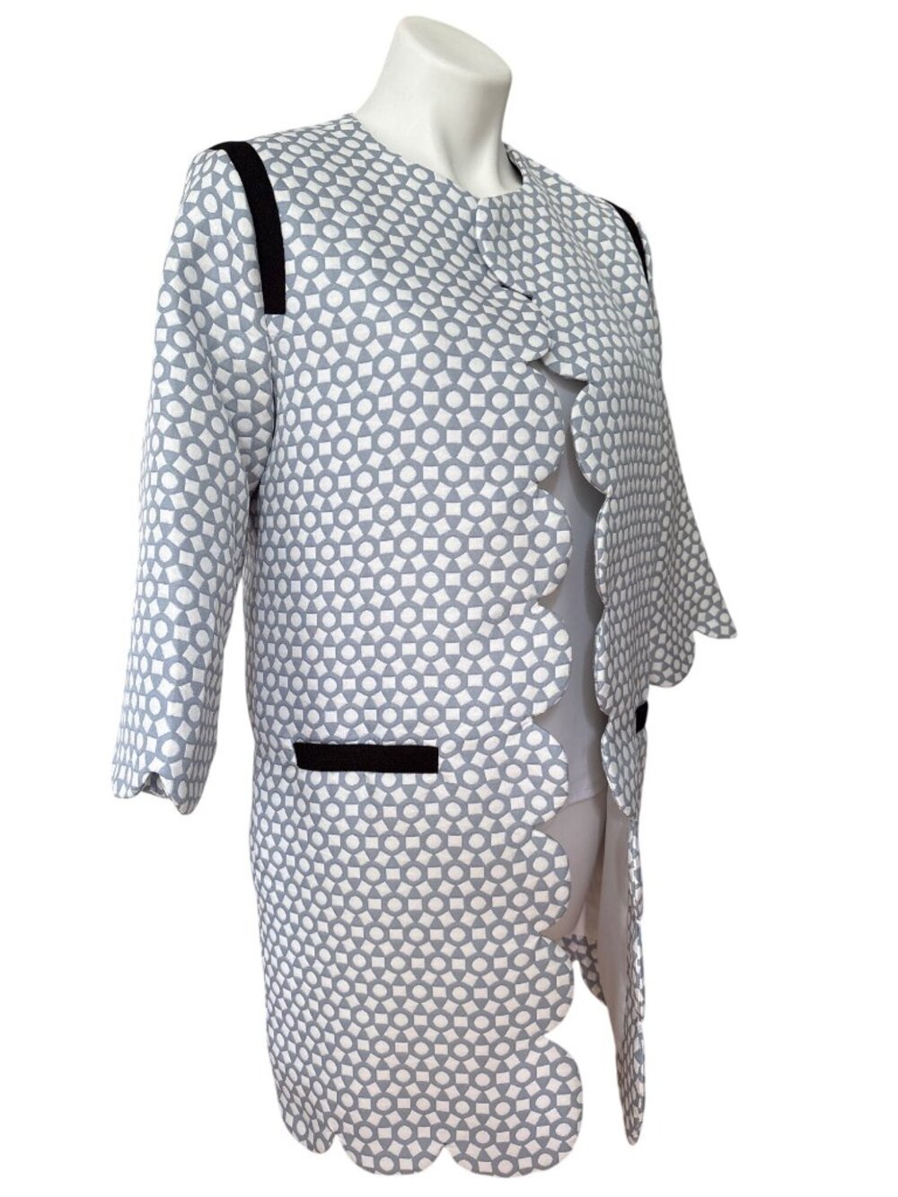 English Factory Women's Scalloped Hem Blue & White Geometric Jacket Size M - Picture 2 of 10